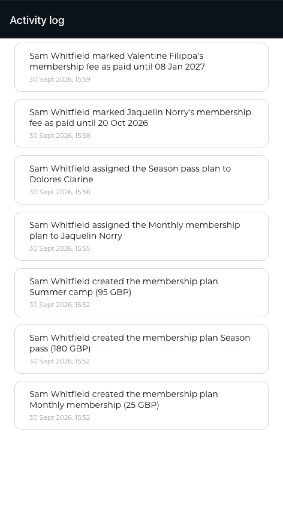 Organization activity log listing membership plan changes, assignments and payments