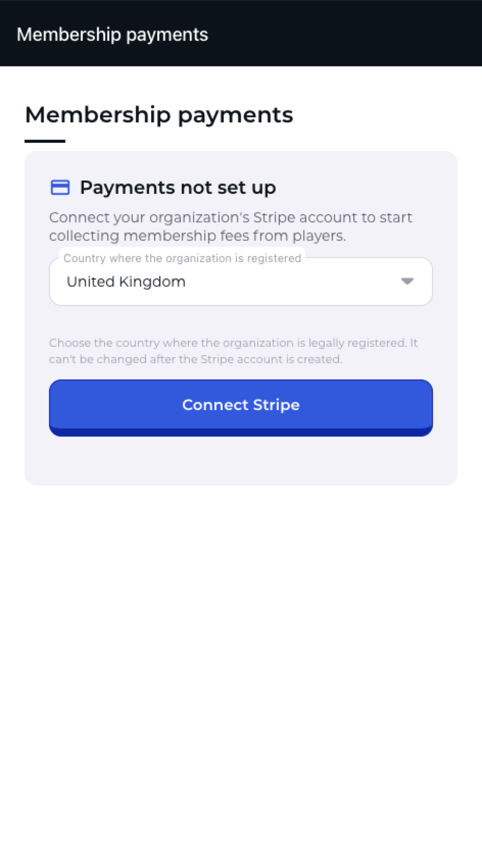 Connect Stripe card in the 4league app with a picker for the organization's country