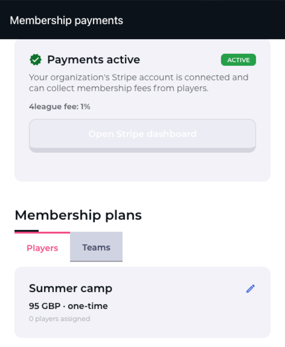 Membership payments screen in the 4league app with a connected Stripe account and a list of membership plans