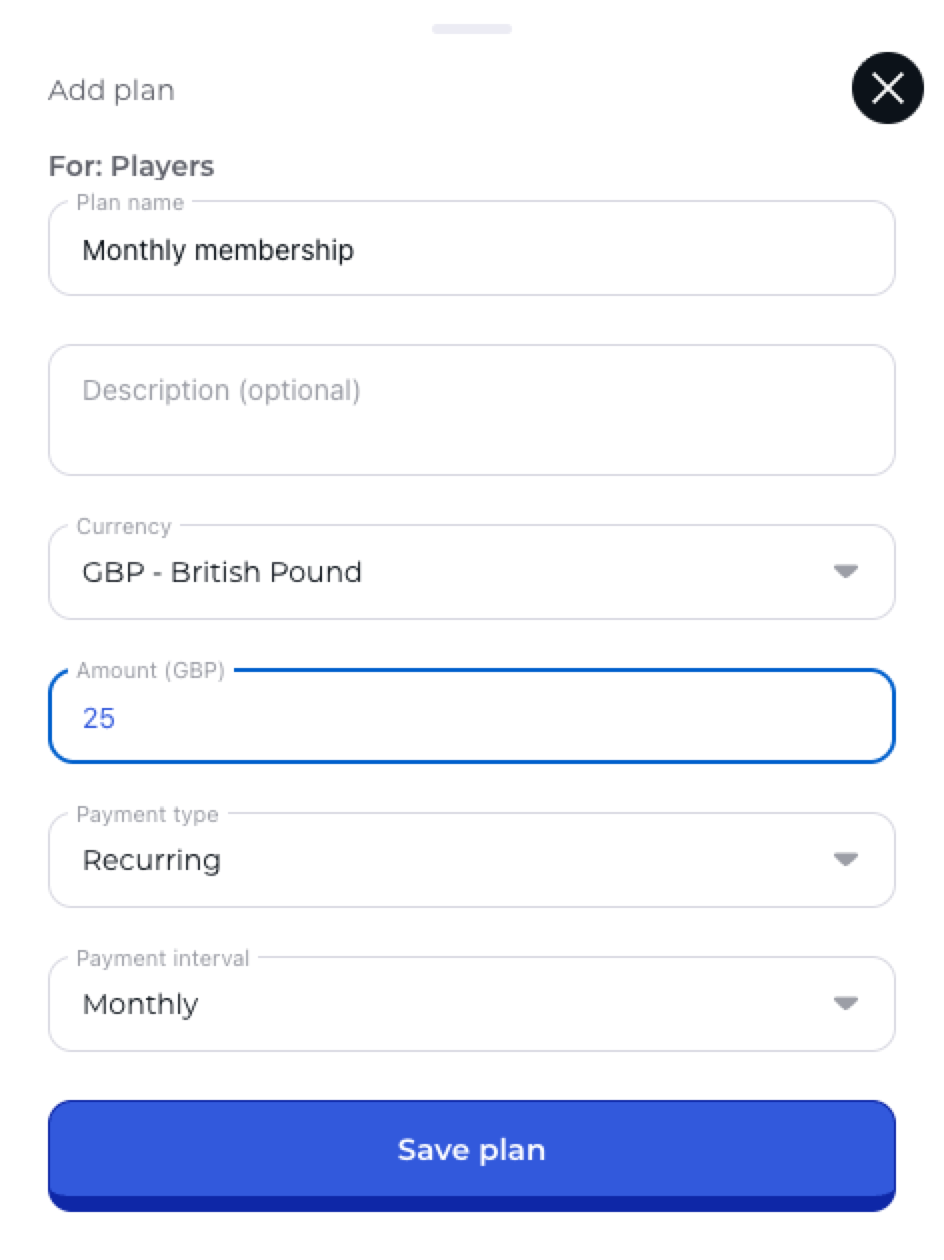 Form for creating a membership plan with name, currency, amount and billing interval