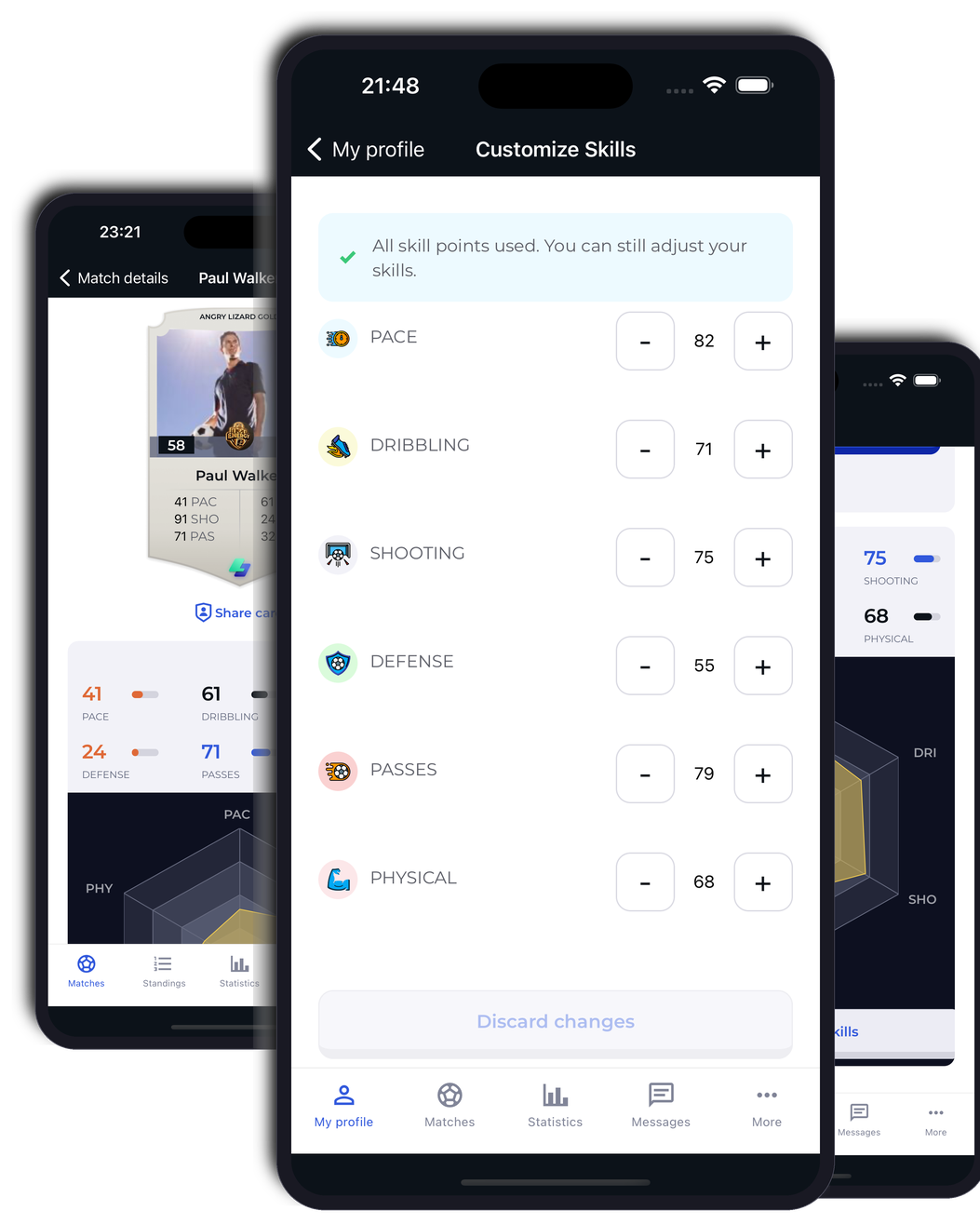 Player profile, skills radar, and customize skills in 4league